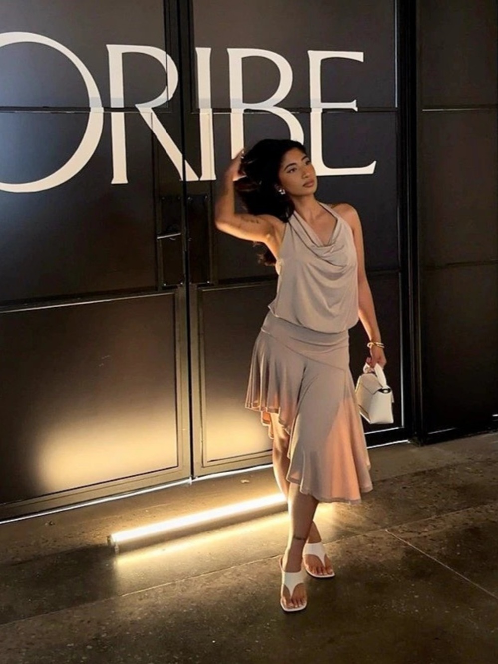 Neutral Asymmetrical Midi Dress